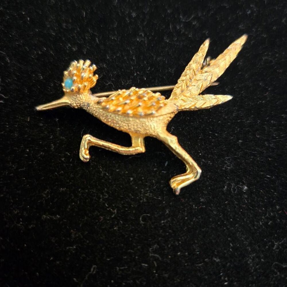 Vintage Roadrunner Bird Brooch Pin Aqua Stone eye